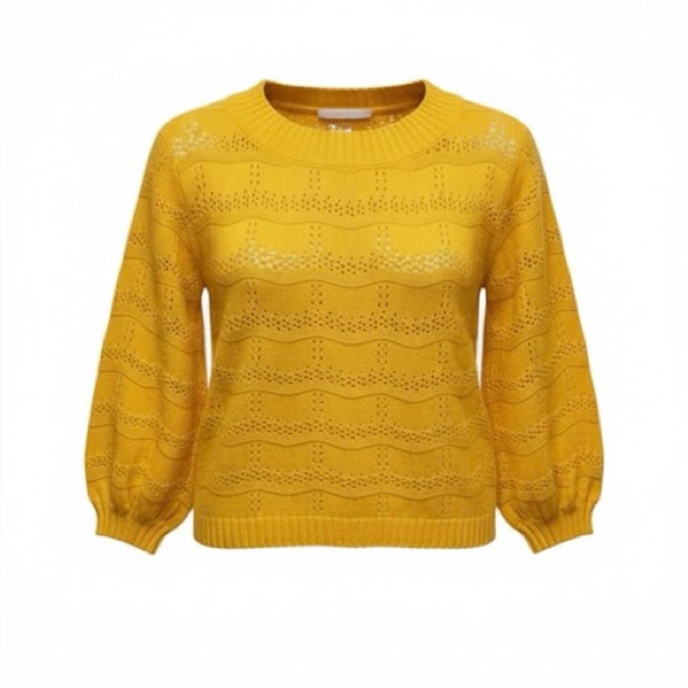 Mustard Seed Yellow Scalloped Knit Puff Sleeve Oversized Sweater Size Medium